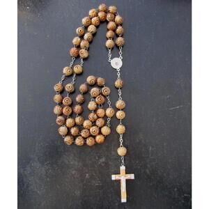 Vintage Rosary Rose Carved Olive Wood Beads Marked Jerusalem 42"